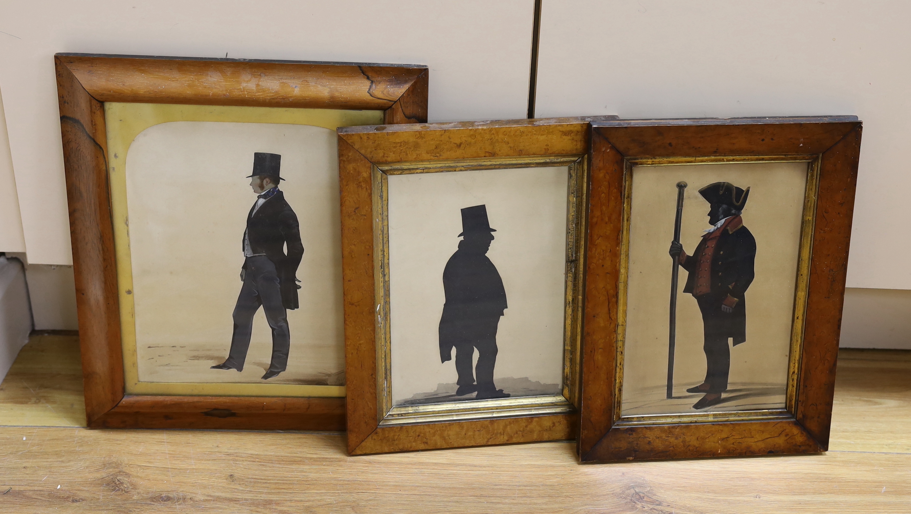Three 19th century and later silhouette portraits in walnut frames including one signed Frith and dated 1849, largest 28 x 23cm